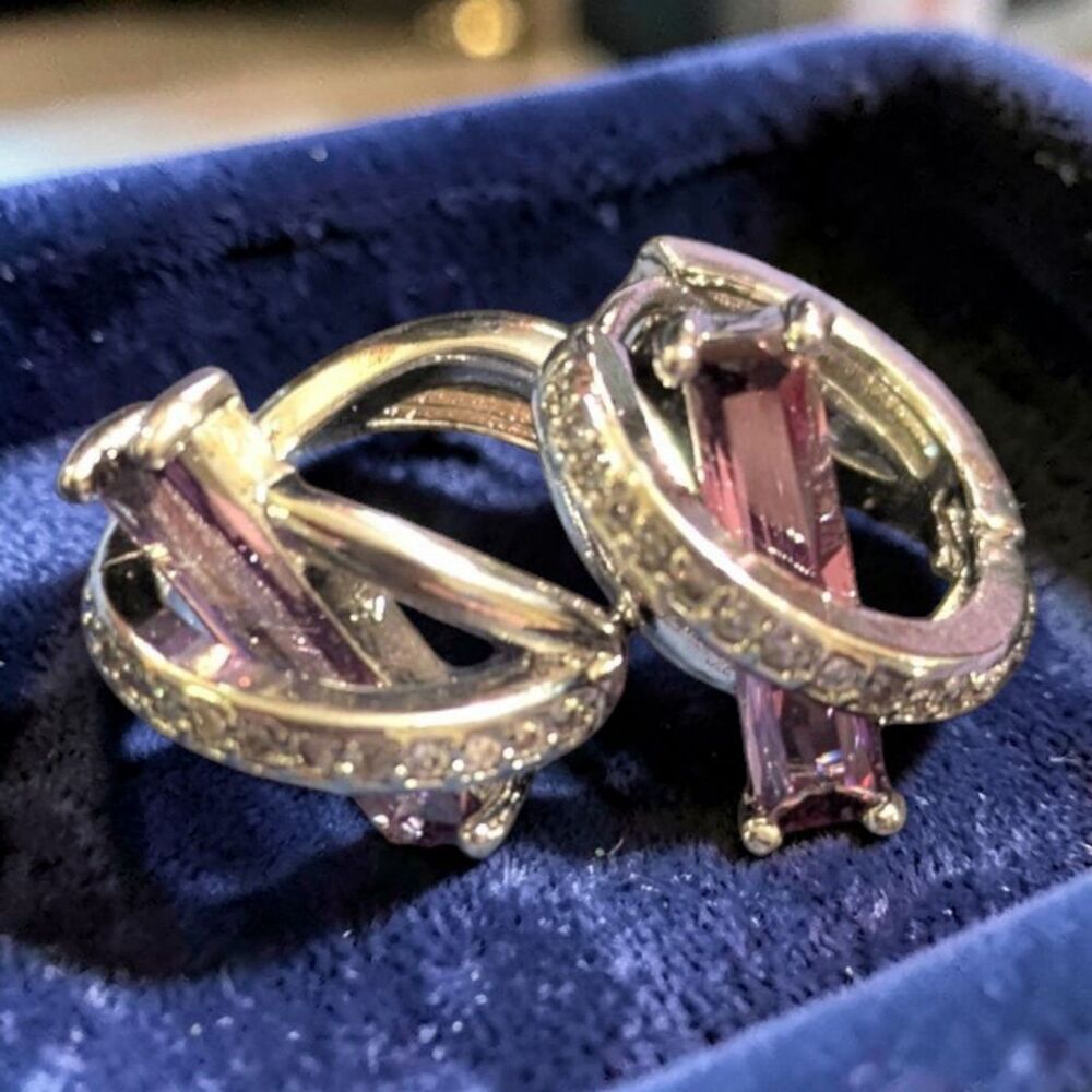Purple Baguette Crystal Hoop Earrings Gold Tone Halo Lilac Dainty Jewelry